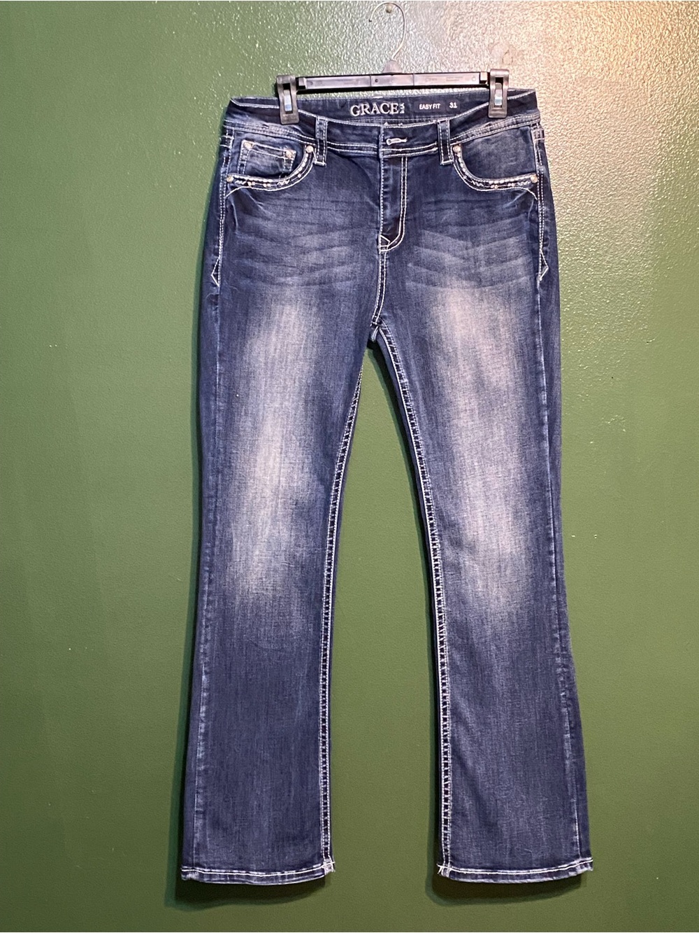 Grace in LA Dark Blue Bootcut Jeans with Faded Whiskering